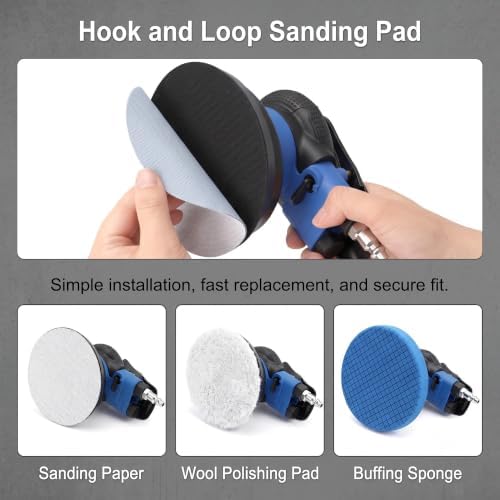 Random Orbital Air Sander 5 Inch, 13,000 RPM Pneumatic DA Palm Sander with Polishing Buffing Pads & Sanding Discs, Air Powered Polisher for Auto Body Repair, Wood, Composites and Metal Sanding
