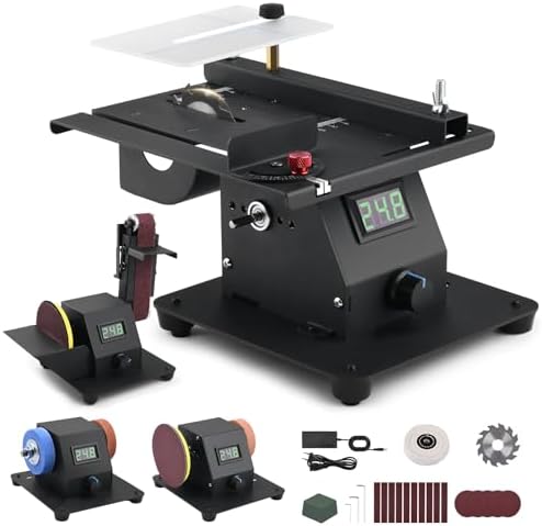 4-1 Mini Multi-functional Table Saw with Voltage LED Display and 7 Speed Adjustable, Mini Table Saw for Crafts with 10 Sanding Belts, 90° Adjustable Belt Sander, Dual Bench Grinder
