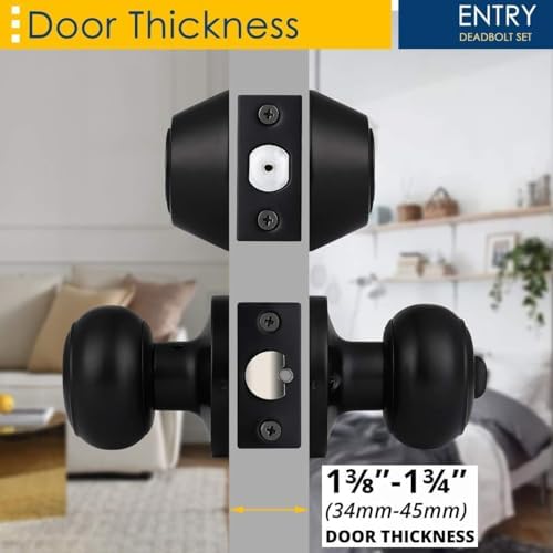 1 Pack Keyed Alike Entry Door Knobs and Double Cylinder Deadbolt Lock Combo Set, Matte Black Finished Door Lock Set, Round Style Door Knobs Deadbolt