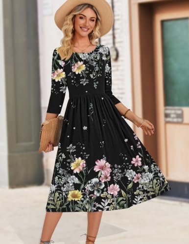 Zeagoo 3/4 Sleeve Women's Dress Casual Aline Summer Fall Midi Long Dresses