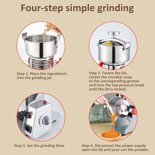 BI-DTOOL Electric Grain Mill Grinder 2800W Dry Material Grinding Machine 1000g Stainless Steel Pulverizer 36000r/min High-speed Grain Mill 270° swingable Superfine powder for Home and Commercial 1000g