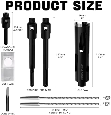 Diamond Core Drill Bit 2"(50mm) with Pilot Bit & Adapters (SDS Plus & Hex) – Upgraded Welded Segments, 8.6" Depth – for Concrete, Solid Brick, Hollow Brick, Masonry & More