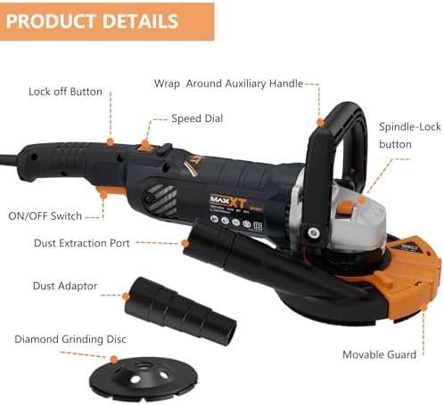 MAXXT 5 Inch Concrete Surfacing Grinder, 1500W 14A Motor, 7 Adjustable Speed Angle Grinder Kit with Diamond Disc, Removable Guard, Concrete Sander for Polishing and Grinder Stone Cement Marble Granite