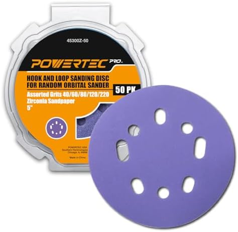 POWERTEC PRO 50PK, 5 Inch Sanding Discs Hook and Loop, 40/60/80/120/220 Grit, Zirconia Orbital Sander Sandpaper for 5 & 8 Hole Random Orbital Sanders-Automotive, Paint, Metal, Woodworking (45300Z-50)