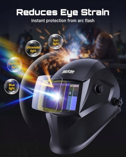 SEESII Auto Darkening Welding Helmet with Welding Gloves - 1/1/1/1 True Color Welding Hood, Blue Light Blocking, High-Impact Welder Mask, 13-Inch Heat Resistant Full Protection for TIG MIG ARC GRIND