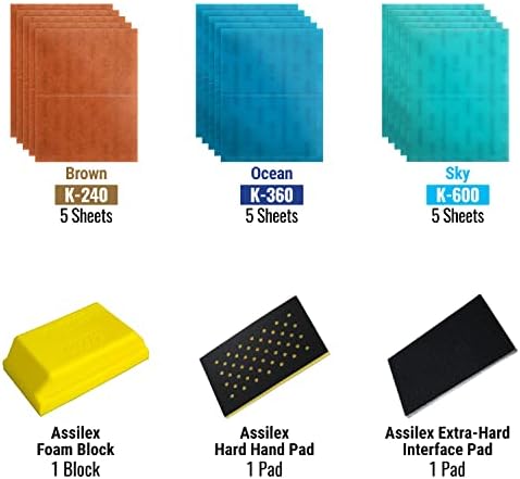 Super Assilex Flexible Sanding Sheet Production Starter Kit, SP19124, K240 - K600, 15 Sheets + 1 Hand Block & Interface Pad + 1 Hard Hand Pad