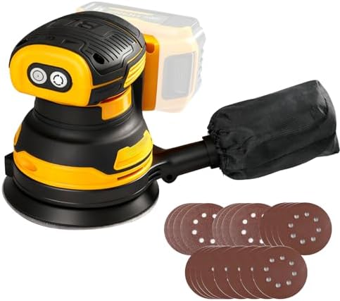 Brushless Palm Sander with 3 Speeds, Cordless 5" Random Orbital Sander, Dust Collector & 20 Sandpaper Sheets (60#–240#), Ideal for Woodworking, Polishing & Waxing (Fit for DW Battery)