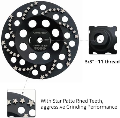 Diamond Grinding Cup Wheel for Concrete & Masonry, 48 Aggressive Star Segments, 7 Inch 5/8"-11 Thread, 30 Grit