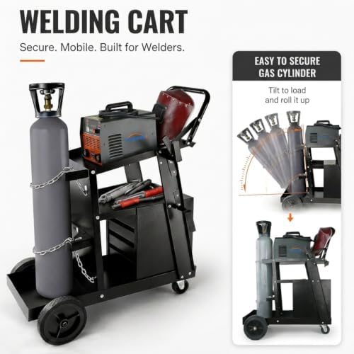 Welding Cart, 2-Tier 4-Drawer Welder Cart with 265LBS Load Capacity, Dual Cylinder Slots & Safety Chains, 360° Swivel Wheels, Heavy Duty Rolling Cart for MIG Welder & Plasma Cutter