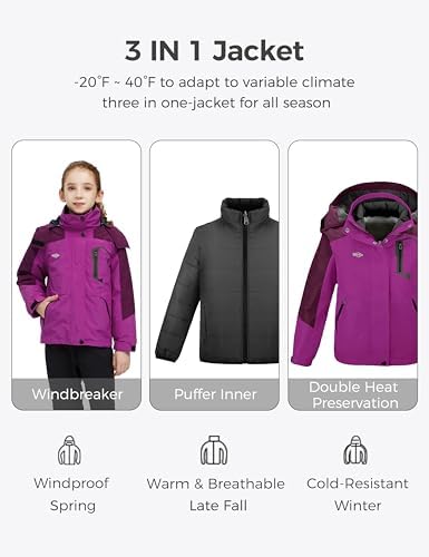 wantdo Girls' 3-in-1 Ski Jacket Windproof Winter Coat Hooded Raincoat