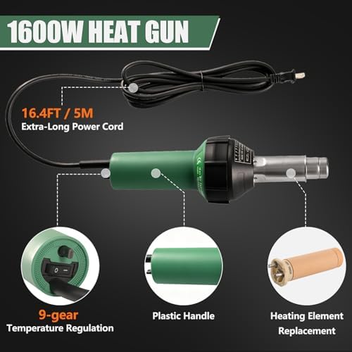 1600W Hot Air Plastic Welder Kit, Heat Gun w/ 16.4FT Extra-Long Power Cord