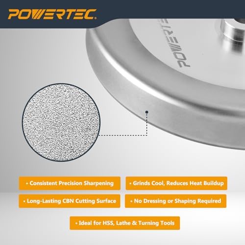 POWERTEC CBN Grinding Wheel 8 Inch 600 Grit, 1-1/4" Wide, 5/8" Arbor – 4-in-1 CBN Sharpening Wheel with 1/4" Radius Edge and Side Face for Bench Grinder (15706)
