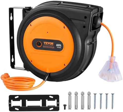 VEVOR 65FT Retractable Extension Cord Reel, Heavy Duty 12AWG/3C SJTOW Cord