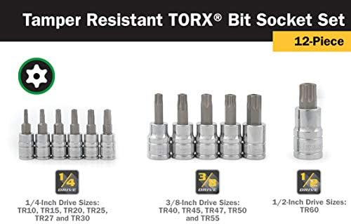 Titan 16121 12-Piece Tamper Resistant Torx Bit Socket Set, Magnetic Socket Organizer with Laser-Etched Size Markings