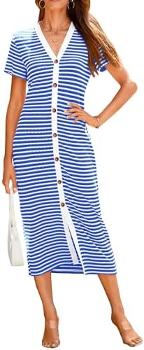 BTFBM Women Casual Summer Dresses Short Sleeve Striped Midi Dresses
