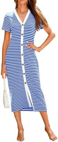 BTFBM Women Casual Summer Dresses Short Sleeve Striped Midi Dresses