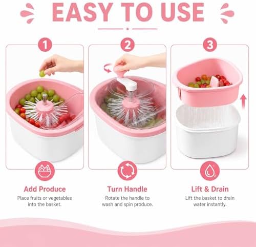 Manual Fruit Vegetable Cleaner Spinner, Large Washing Bowl with Brush & Drain Basket, Portable Hand Crank Cleaning Gadget for Berry Greens Herb Household Kitchen Food Washing Tool