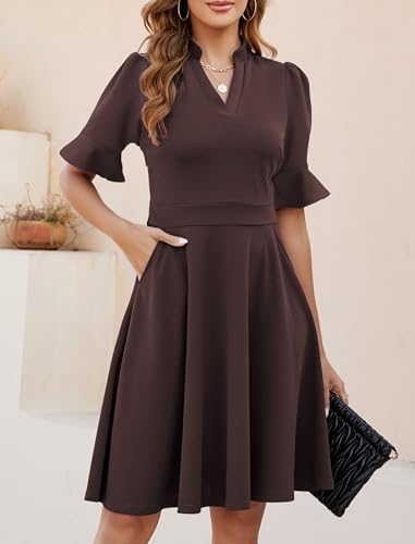 Mokayee Womens Summer V Neck Ruffle Short Sleeve Fit and Flare Knee Length Church Wedding Guest Dresses with Pockets