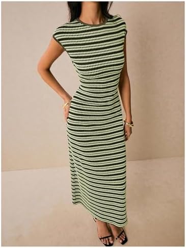 SOLY HUX Women's Striped Midi Dress Casual Work Knit Bodycon Summer Dresses