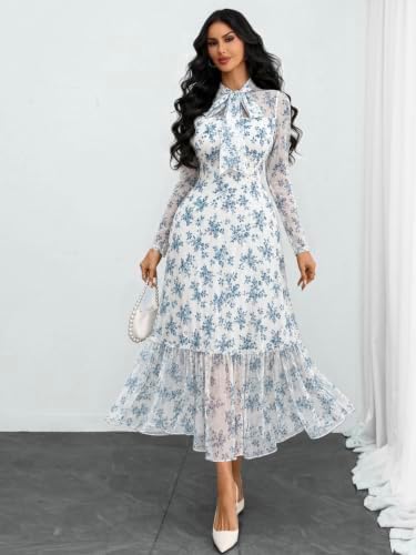 GothDark Polka dot Dress for Women Tie Neck Bow Ruffle Fall Vintage Dress