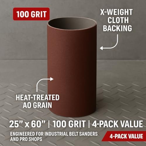 25" X 60" Sanding Belt Aluminum Oxide X Weight Cloth Sandpaper 4 Pack for Woodworking & Metalworking Made in the USA For Wood and Metal Sanding (100 Grit)