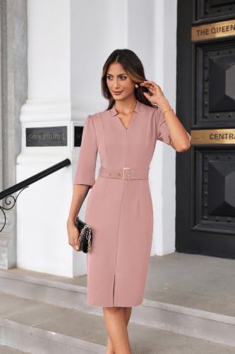 GRACE KARIN Women's Work Dress 3/4 Sleeve V Neck Bodycon Dress with Belt