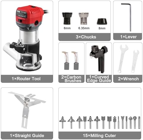 TEENO Wood Router, 6.5 Amp 1.25 HP Compact Router Tools for Woodworking, 13000-33000 RPM Hand Trim Router with 15pcs 1/4" Bits Set, 6 Variable Speeds, Edge Guide, Roller Guide
