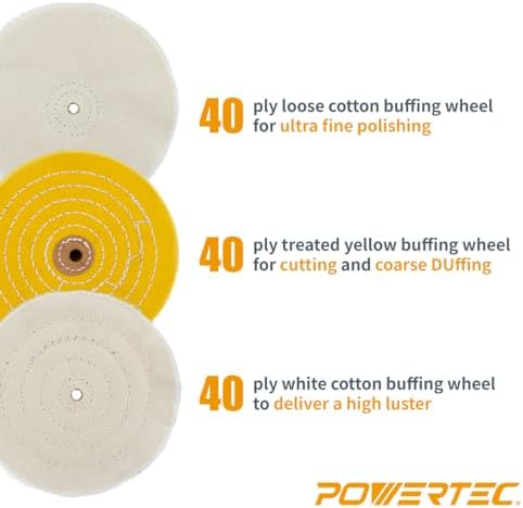 POWERTEC 6-Inch Bench Buffer Jewelry Polisher - Includes 5PCs 80Ply Buffing Wheels + 3PCs Polishing Compound Set | Benchtop Buffing Machine for Metal, Jewelry, Knives, Wood, Jade, and Plastic (BF601D)