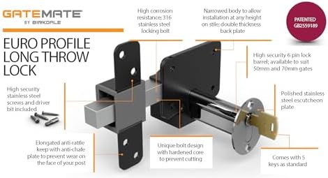 GateMate Long Throw Gate Lock, Euro Profile Keyed Both Sides Gate Lock for Sheds, Gates & Garage Doors, 316 Stainless Steel, for Wooden Gates & Doors Up to 2” Thick, Black, 5 Keys