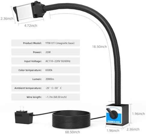YouTeMei LED Work Light, Flexible Gooseneck Lamp, 2000 Lumen Machine Magnetic Light for Lathe CNc Milling Drill Press Sewing Machine IndustrialLighting,120V