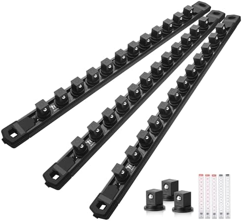Reniteco Magnetic Socket Organizer Set, 3-Pack 1/2” Socket Rails | 36 Clips, Heavy-Duty Aluminum Alloy Rails, 360° Swivel Removable ABS Clips, Magnetic Base, Toolbox Drawer or Wall Mount