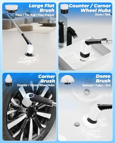 Electric Spin Scrubber,Bathroom Cleaning Brush,Shower Scrubber with Long Handle 8 Replaceable Brush Heads Voice Broadcast 3 Rotating Speeds,Tub Scrubber,Cordless Power Cleaning Brushes Floor Tile