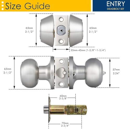 2 Pack Keyed Alike Entry Door Knob and Deadbolt Set, Satin Nickel Double Cylinder Deadbolt Lock Set, Round Style Door Knobs Deadbolt for Exterior/Front Door