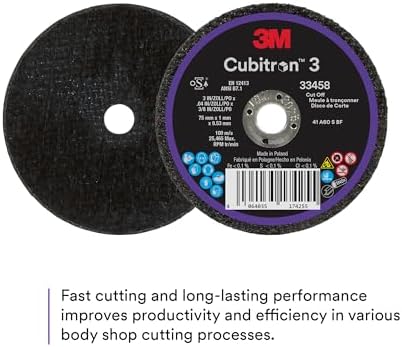 3M Cubitron 3 Cut-Off Wheel 33458, 3 in x 0.04 in x 3/8 in, Long Lasting Performance, High Cut Rate, for Automotive Cutting and Splicing, Collision Repair, 5 Wheels