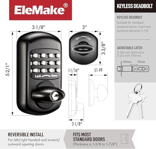 Keyless Entry Keypad Deadbolt - Digital & Mechanical Door Lock, Low Power Risk-Free (Black)