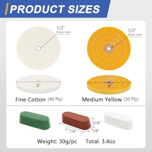 SCOTTCHEN 6inch Buffing Polishing Wheels 1/2" Arbor Hole,Fine (40Ply) / Medium (30Ply) for Bench Grinder,with Buffing Polishing Cutting Compound 3.4 Oz.Kit