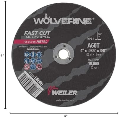 Weiler 56080 4-Inch Cutting Wheel, Wolverine AO Steel/Metal Fast Cut, Value Cutting, 0.035" A60T Type 1 3/8" Arbor (Pack of 25)