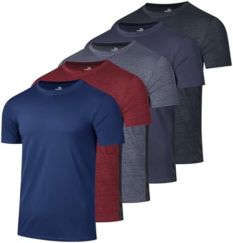 5 Pack Men's Dry Fit Workout T Shirts Crew Neck Athletic Gym Running Tees