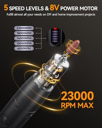 Cordless Rotary Tool, 8V Multi Tool with Auto-Lock Chuck & 5 Speed, 23,000RPM Rechargeable Engraver Kit with Storage Case, for Sanding, Polishing, Drilling, Carving, DIY Crafts