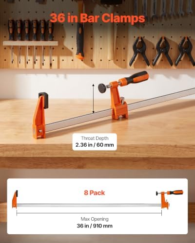 VEVOR Bar Clamps for Woodworking, 8-Pack, 36" Opening F Clamps, 600 lbs Load Limit, with Plastic Pad and Self-Locking Design, Premium Cast Iron and Carbon Steel, for Wood Working and Metal Working