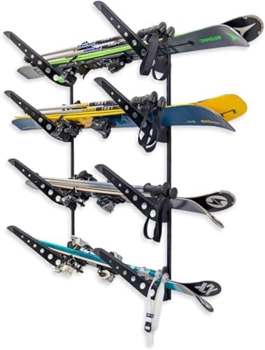 StoreYourBoard Ski Rack Wall Mount, Horizontal Ski Storage Rack for Garage, 4-Level Ski Wall Mount with Padded Arms, Ski Pole Holder, Ski Holders for Wall, Winter Gear Organizer, Black, Holds 100 lbs