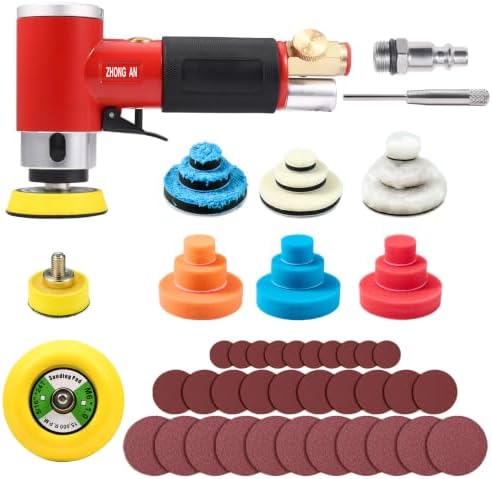 1'' 2'' 3'' Mini Orbital Sander Set Air Random Sander High Speed Pneumatic Sanders for Auto Body Work with 18 Polishing Sponge & Wool Pads, 30 Sandpapers(RED)