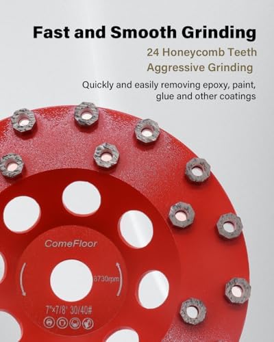 Diamond Grinding Cup Wheel for Hard Concrete Floor, Epoxy Coating Removal, 24 Aggressive Honeycomb Segments, 7 Inch 7/8" Arbor, 30/40 Grit