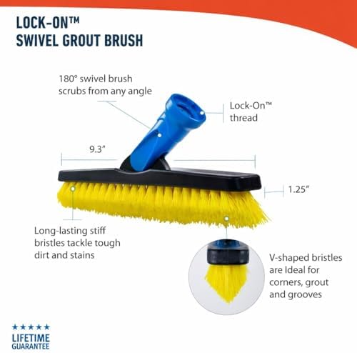 Unger Professional Lock-On Multi-Angle Wash Brush, Grout Brush and EZ Extend Pro Telescopic Pole for Outdoor Cleaning, Adjustable 5 FT Pole Extends Reach