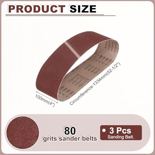 HARFINGTON 4 x 52 1/2 Inch Sanding Belts, 3 Pcs 80 Grit Aluminum Oxide Abrasive Belt Sander File Belt for Woodworking, Metal Polishing, Knife Sharpener