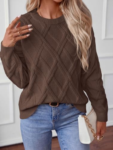 Okiwam Women's Long Sleeve Sweaters Crewneck Cable Knit Pullover