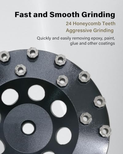 Diamond Grinding Cup Wheel for Hard Concrete Floor, Epoxy Coating Removal, 24 Aggressive Honeycomb Segments, 7 Inch 5/8”-11 Thread, 16/20 Grit