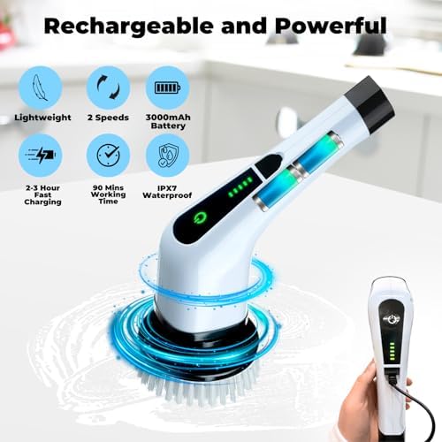 Electric Spin Scrubber with Digital Display, Cordless Cleaning Brush, 3000mAh Battery (90 Min), 8 Replaceable Brush Heads, Adjustable Extension Handle, Dual Speed Power Scrubber for Tub, Tile & Floor