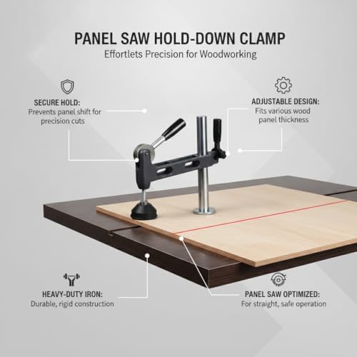 Iron Panel Saw Hold-Down Clamp for Woodworking, Horizontal Workholding Device for Large Sheets and Straight Cuts, Black Finish