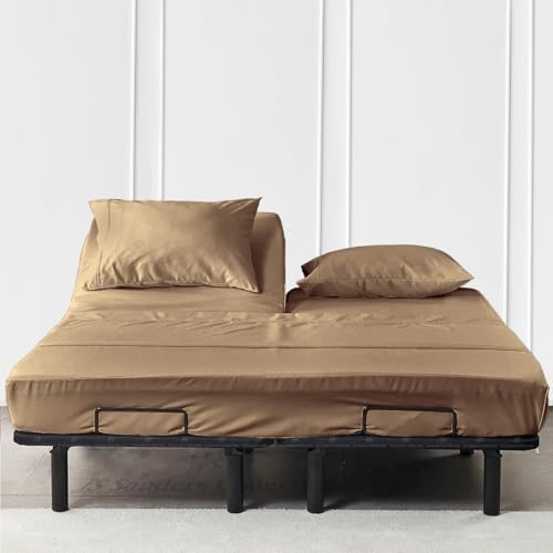 JS Sanders Collection 600TC Flex Top Queen Sheets for Sleep Number Bed - 100% Cotton 4 Pcs Top Split Queen Sheets for Adjustable Bed Queen 30 Inch Down Taupe -18 Inch Deep
